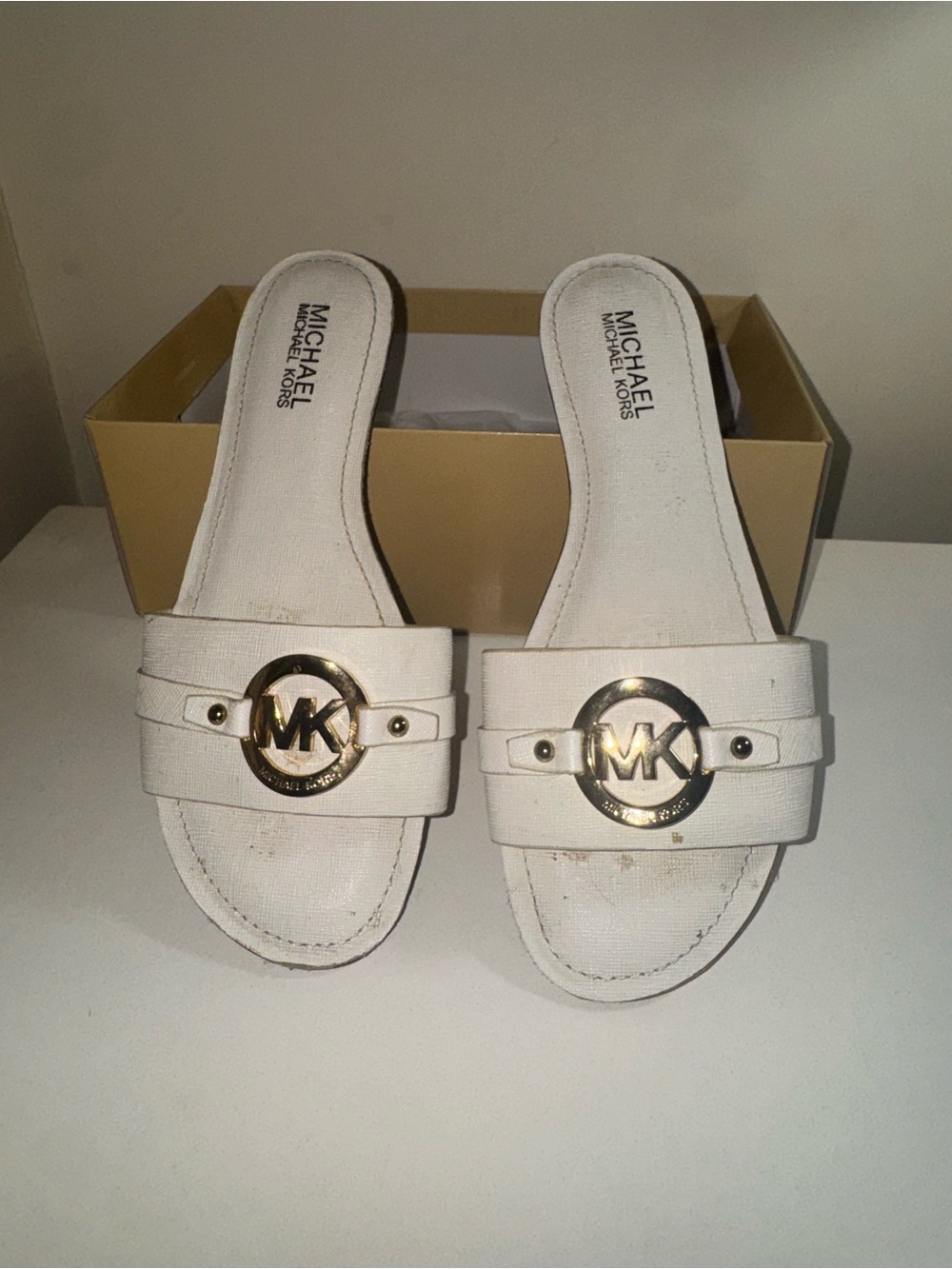 Michael Kors White Slide Sandals with Gold MK Emblem